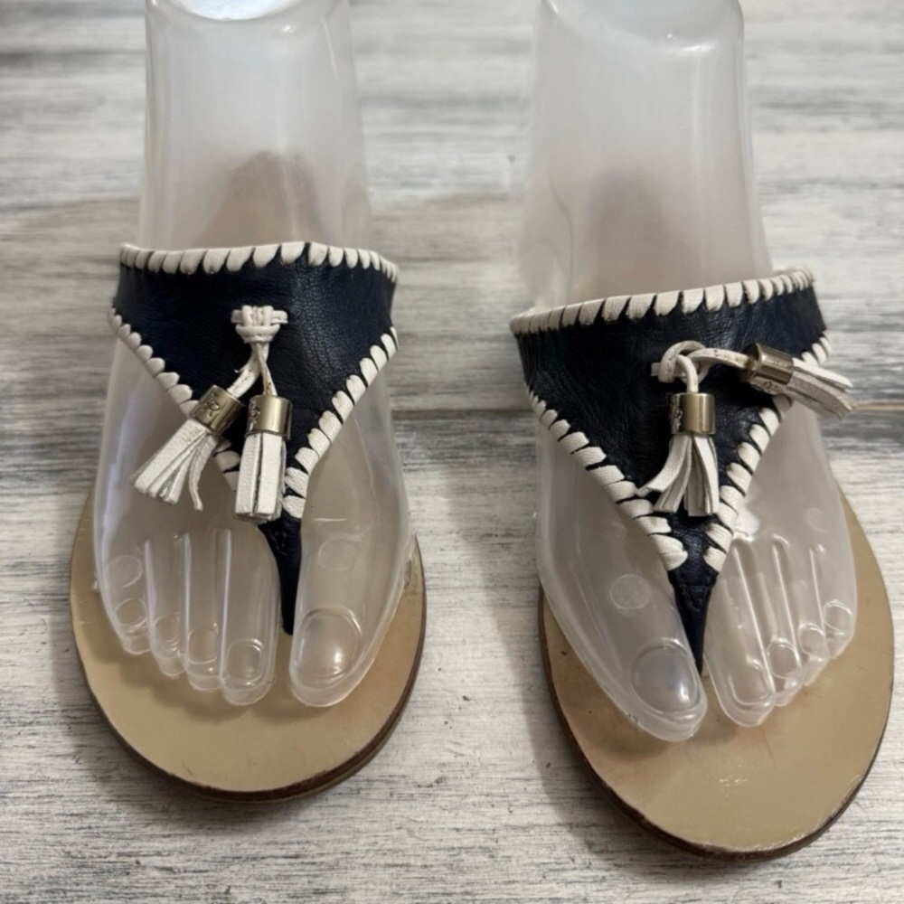 Jack Rogers Alana Thong Sandals Womens Sz 6M Navy Leather Tassel Whipstitch
